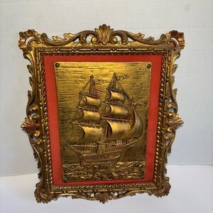 VTG Ornately Framed Schooner Ship Italy Red Velvet Matte Wall Hanging Goldtone